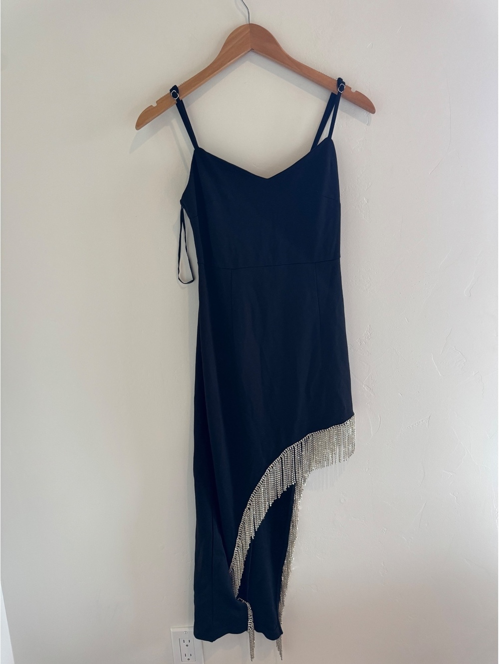 Forever 21 Black Rhinestone Fringe Asymmetrical Midi Dress Size Small